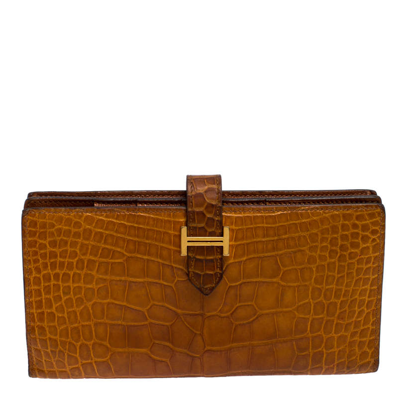 Pre Owned Hermes Orange Alligator Bearn Gusset Wallet