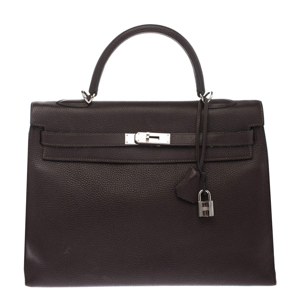 Pre Owned Hermes Cacao Togo Leather Palladium Hardware Kelly Sellier 35 Bag