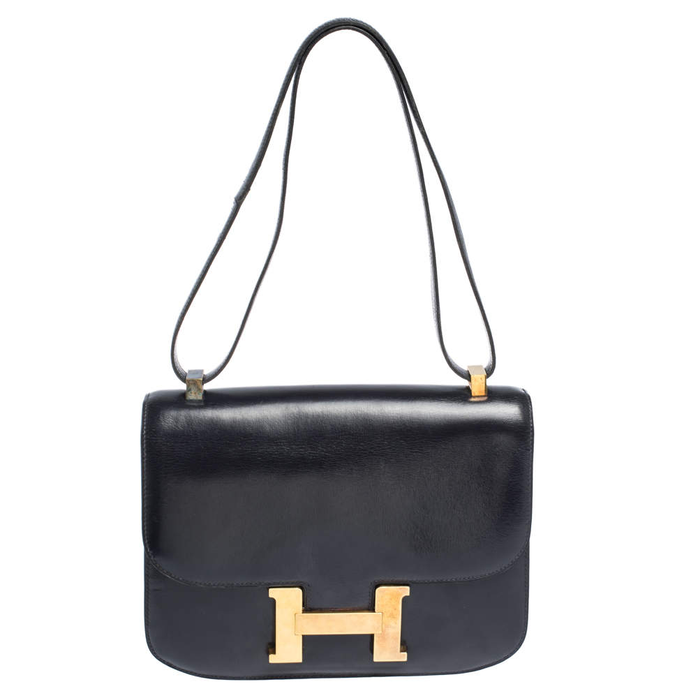 Pre Owned Hermes Blue Nuit Box Calf Leather Gold Hardware Constance 23 Bag