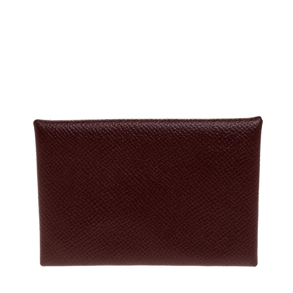 Hermes Burgundy Epsom Leather Calvi Verso Card Holder 