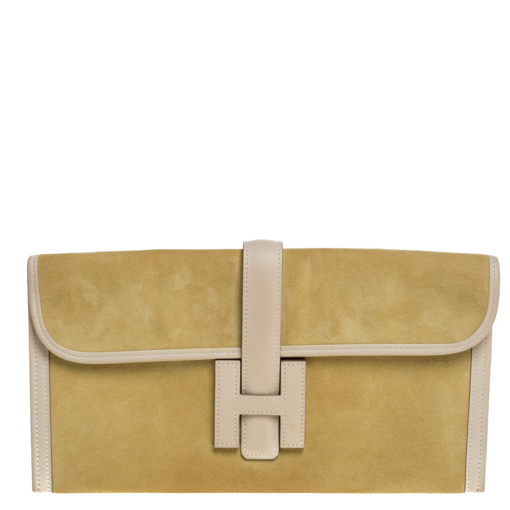 Pre Owned Hermes Mimosa Suede and Swift Leather Elan 29 Jige Clutch