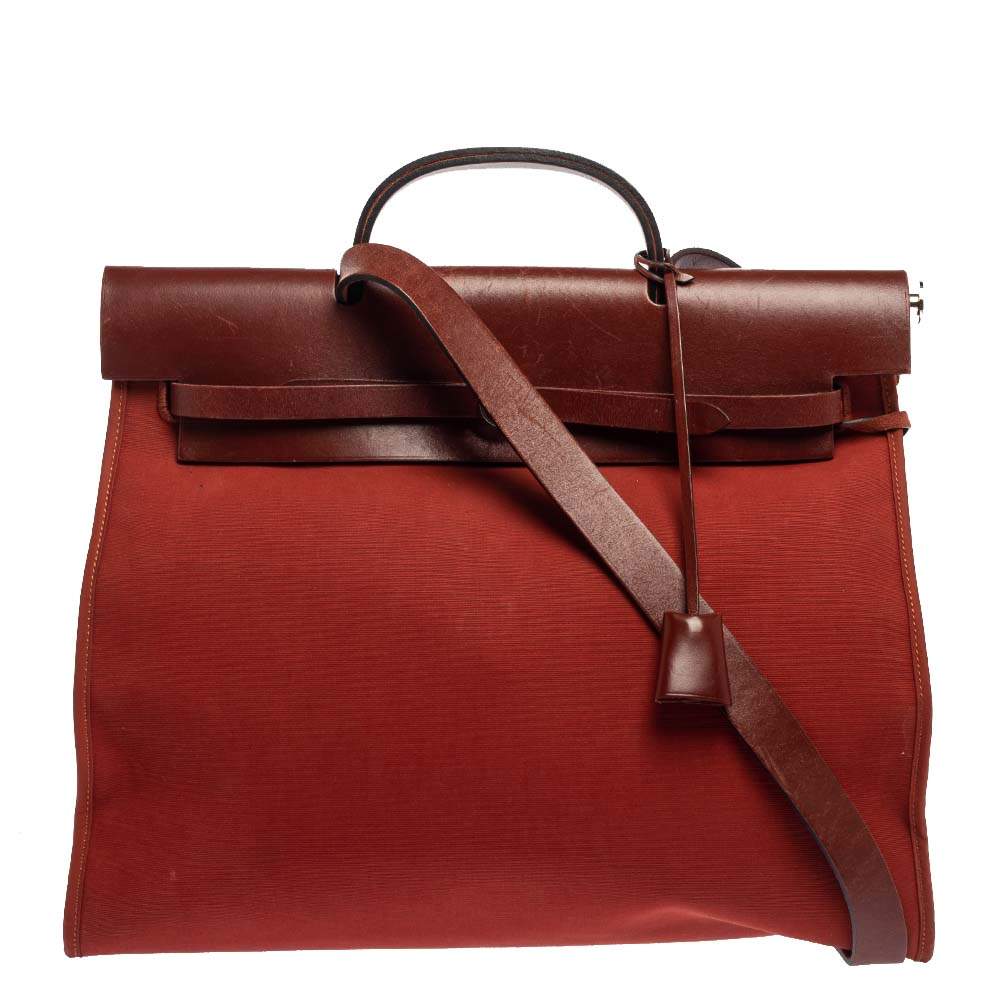 Pre Owned Hermes Rouge H/Cuivre Canvas and Leather Herbag Zip 39 Bag