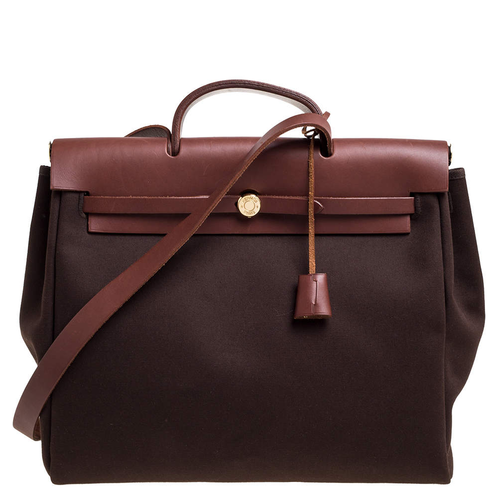 Pre Owned Hermes Cacao/Natural Canvas and Leather Herbag Zip 39 Bag