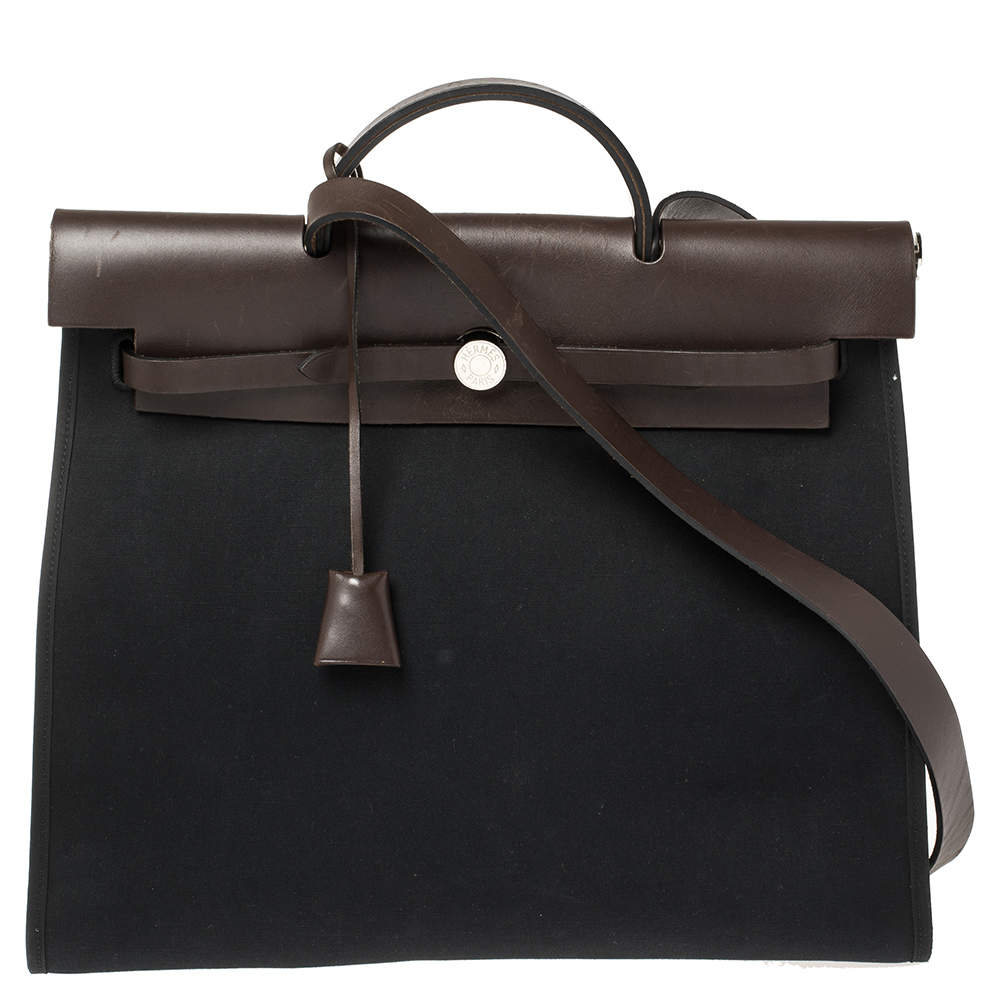 Pre Owned Hermes Black/Cacao Canvas and Leather Herbag Zip 39 Bag