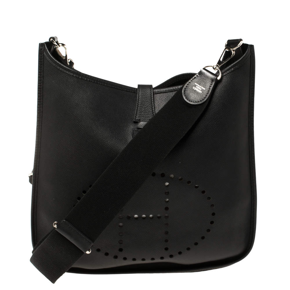 Pre Owned Hermes Noir Taurillon Clemence Leather Evelyne III GM Bag