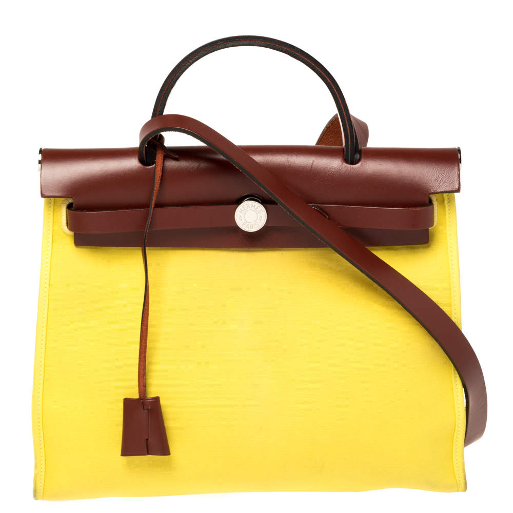 Pre Owned Hermes Lime/Rouge Canvas and Leather Herbag Zip 31 Bag