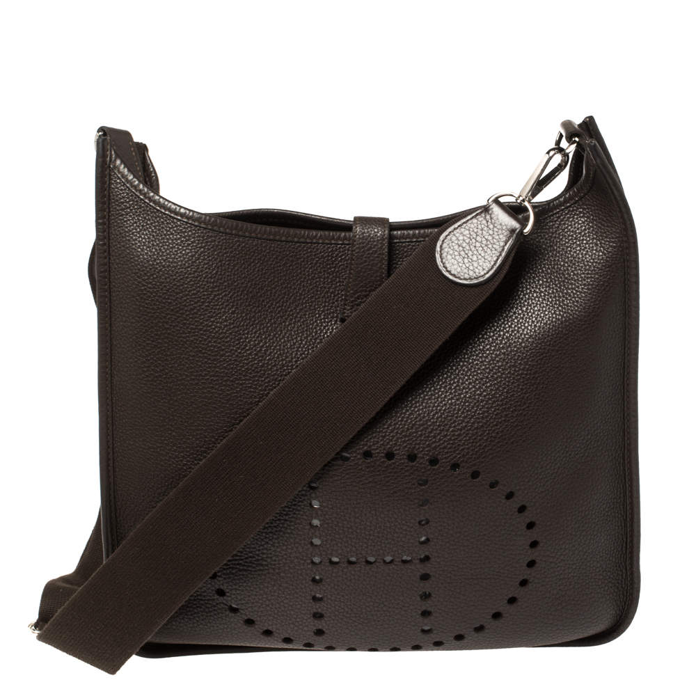 Pre Owned Hermes Cacao Clemence Leather Evelyne III GM Bag