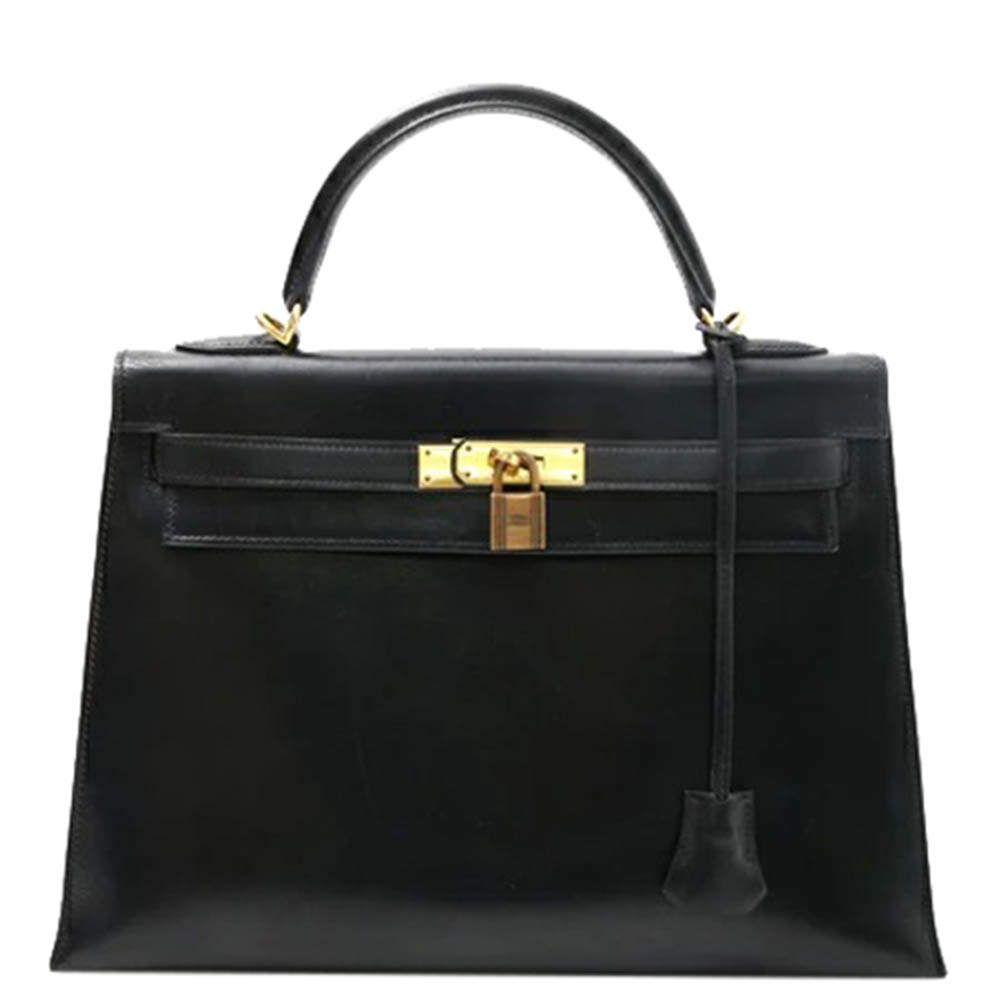 Hermes Black Box Leather Kelly 32 Bag