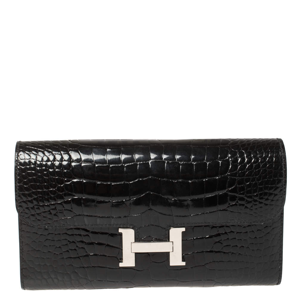 Pre Owned Hermes Black Shine Alligator Palladium Hardware Constance Wallet