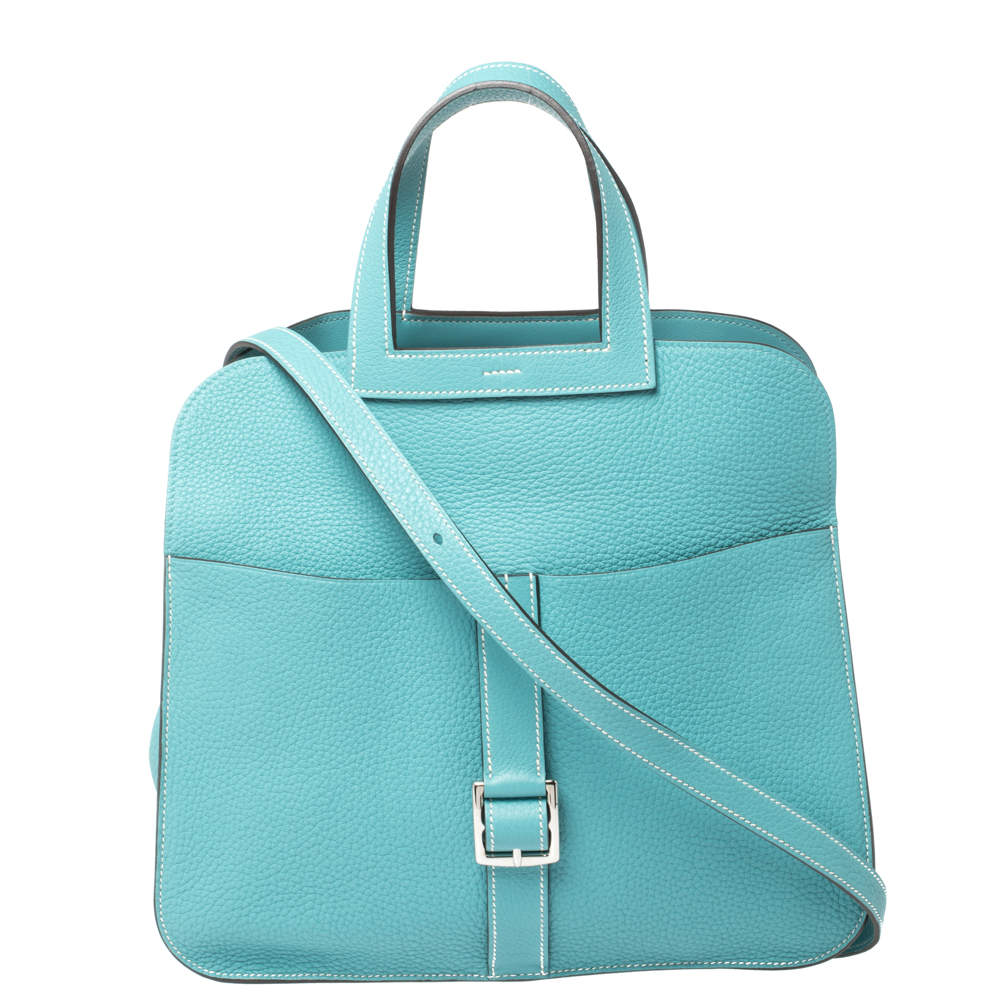 Pre Owned Hermes Blue Saint-Cyr Clemence Leather Palladium Hardware Halzan 31 Bag