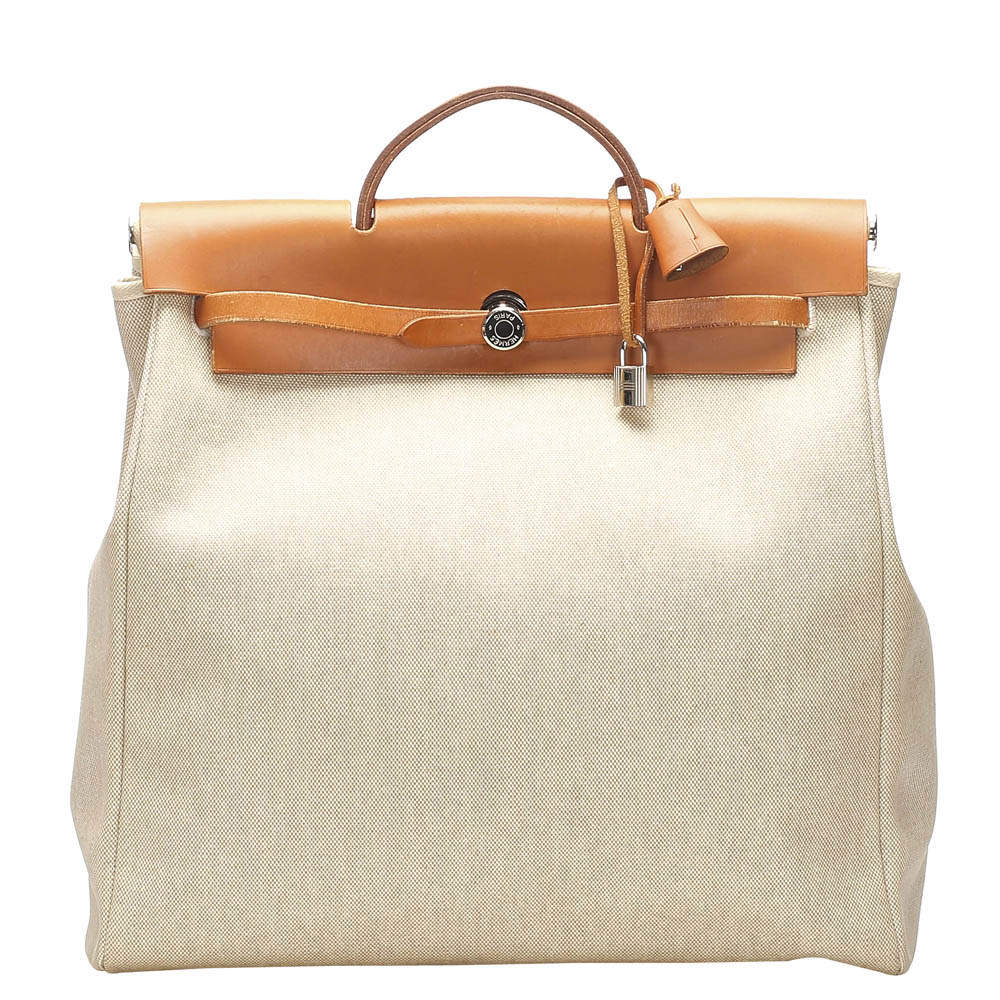 Hermes Cream/Brown Toile Canvas Herbag GM Bag