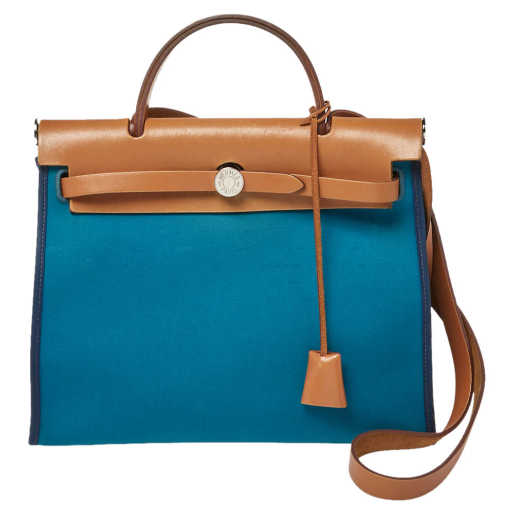 Pre Owned Hermes Bleu Izmir/Natural Canvas And Leather Herbag Zip 31 Bag