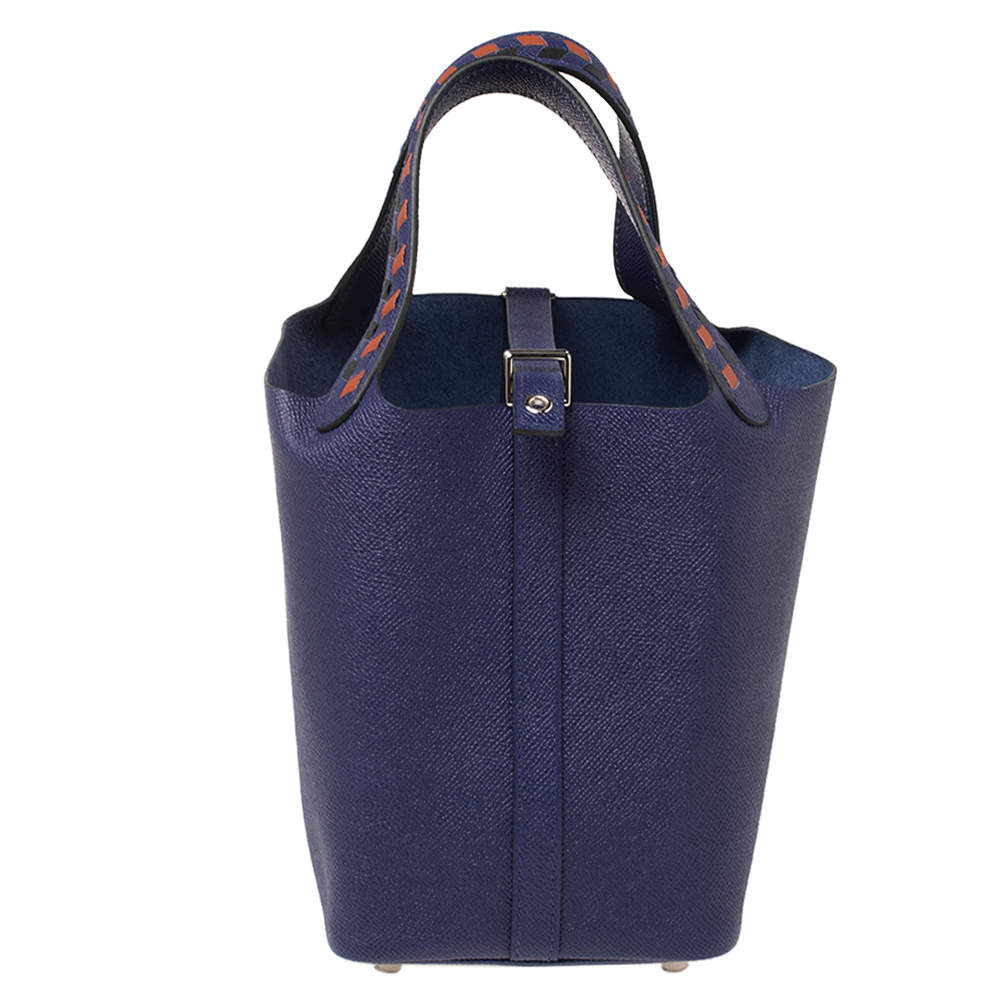 Pre Owned Hermes Bleu Encre/Brique/Black Epsom Leather Picotin Lock Tressage MM Bag