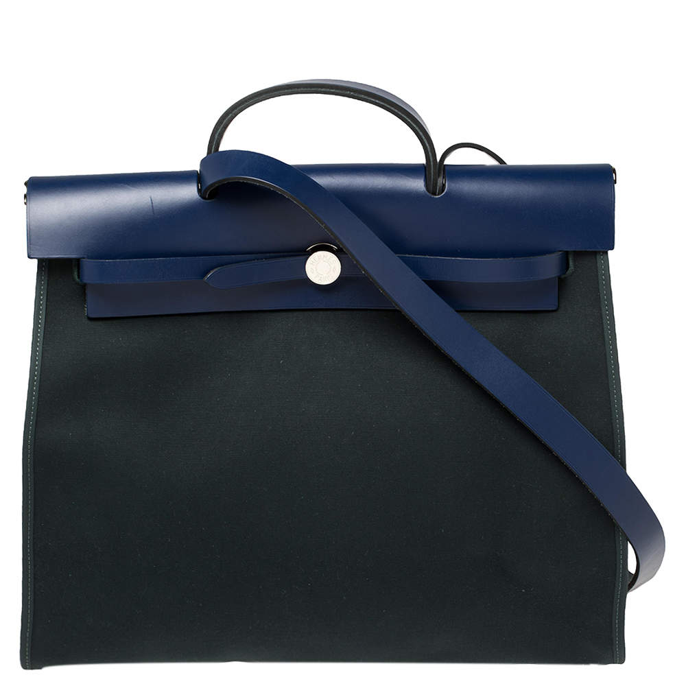 مملوكة مسبقًا Hermes Bleu Saphir/Vert Cypres Canvas and Leather Herbag Zip 39 Bag