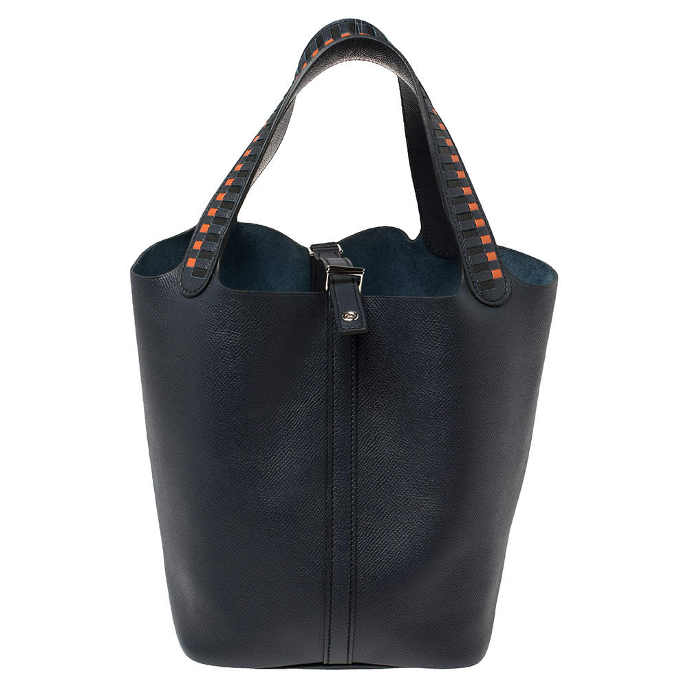 Hermes Bleu Indigo/Black/Terre Battue Epsom Leather Picotin Lock Cuir De Tressage MM Bag