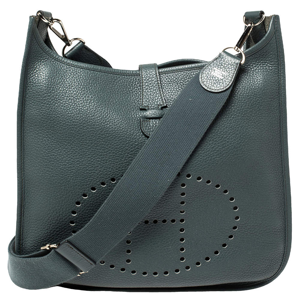 Pre Owned Hermes Bleu Orage Taurillon Clemence Leather Evelyne III GM Bag