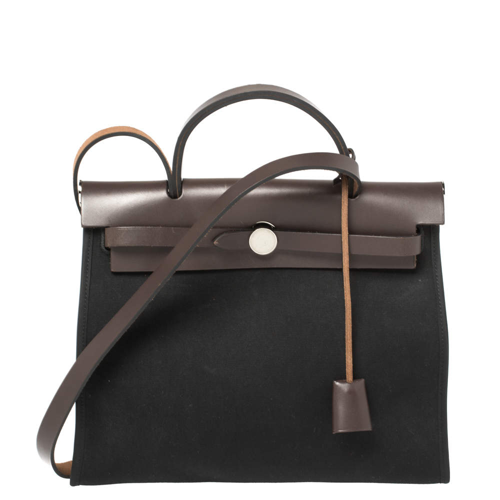 Pre Owned Hermès Black Canvas And Brown Leather Herbag Zip 31 Bag