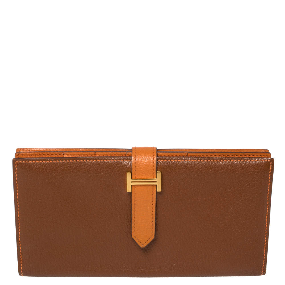 Pre Owned Hermes Noisette/Orange Chevre Leather Bearn Gusset Wallet