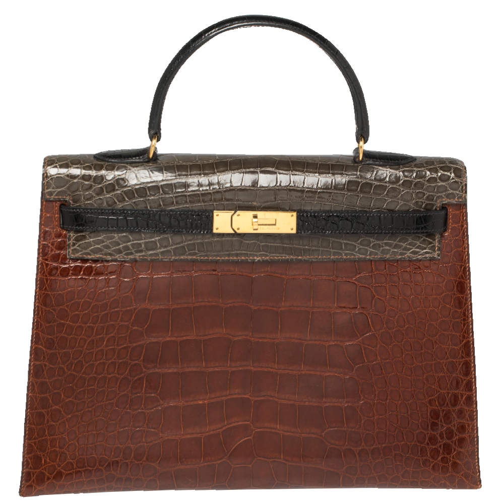 Pre Owned Hermès Tri Color Shine Alligator Gold Finished Kelly Sellier 35 Bag
