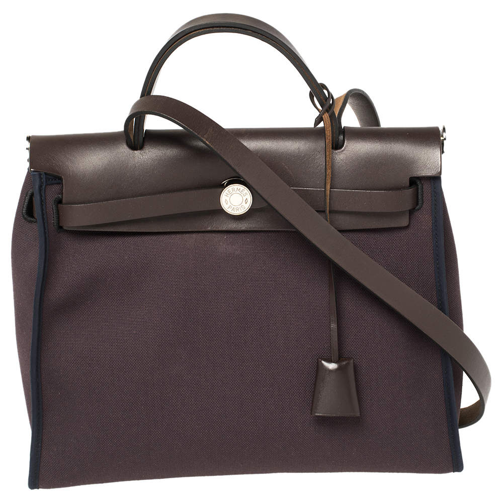 Pre Owned Hermes Cacao/Prune Canvas and Leather Herbag Zip 31 Bag