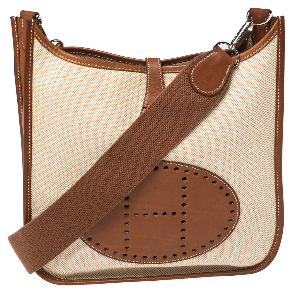 Pre Owned Hermes Natural Barenia Leather and Toile Canvas Evelyne II PM Bag