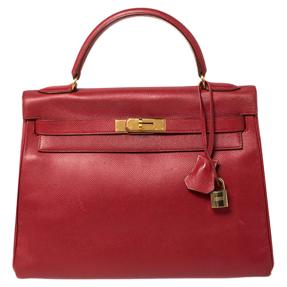 Hermes Rouge VIF Courchevel Leather Gold Finished Kelly Retourne 32 Bag