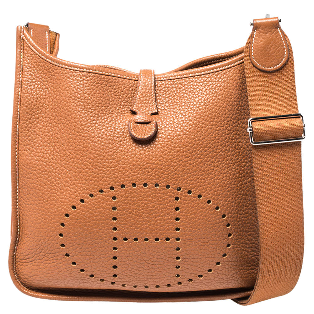 Pre Owned Hermes Gold Taurillon Clemence Leather Evelyne III PM Bag