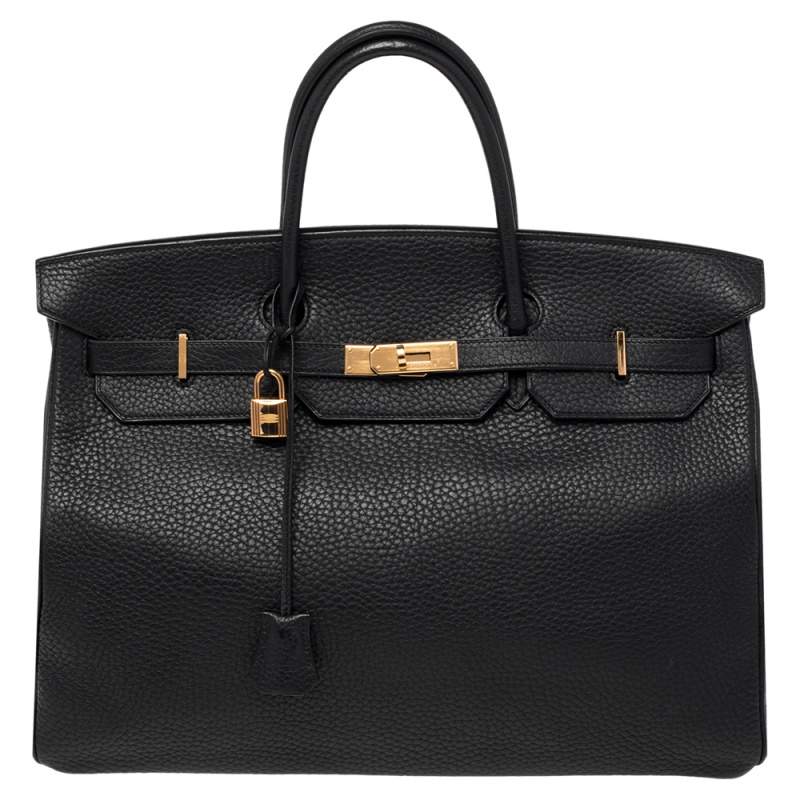 Hermes Noir Fjord Leather Gold Plated Birkin 40 Bag