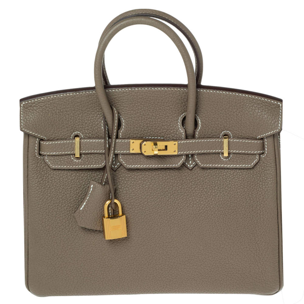 Hermes Etoupe Togo Leather Gold Plated Birkin 25 Bag 