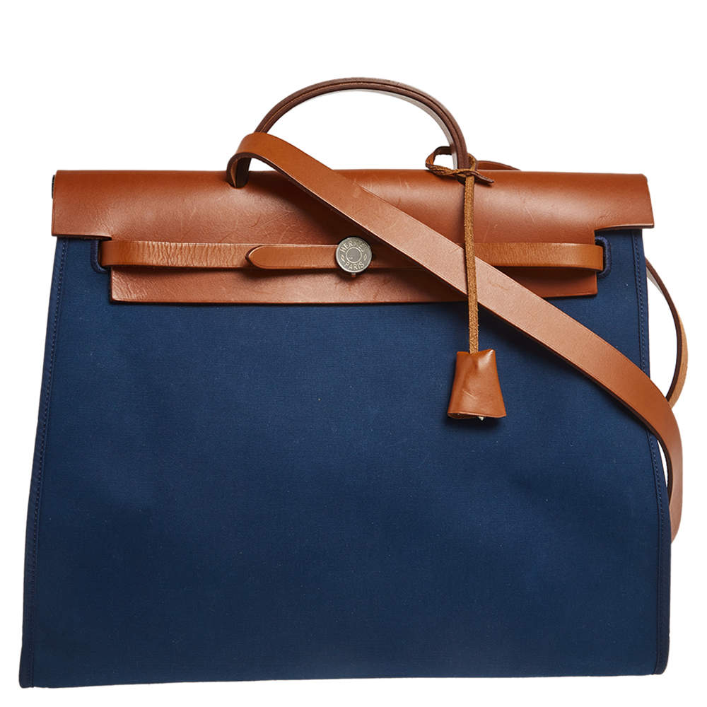 Hermes Bleu De Malte/Fauve Canvas and Leather Herbag Zip 39 Bag