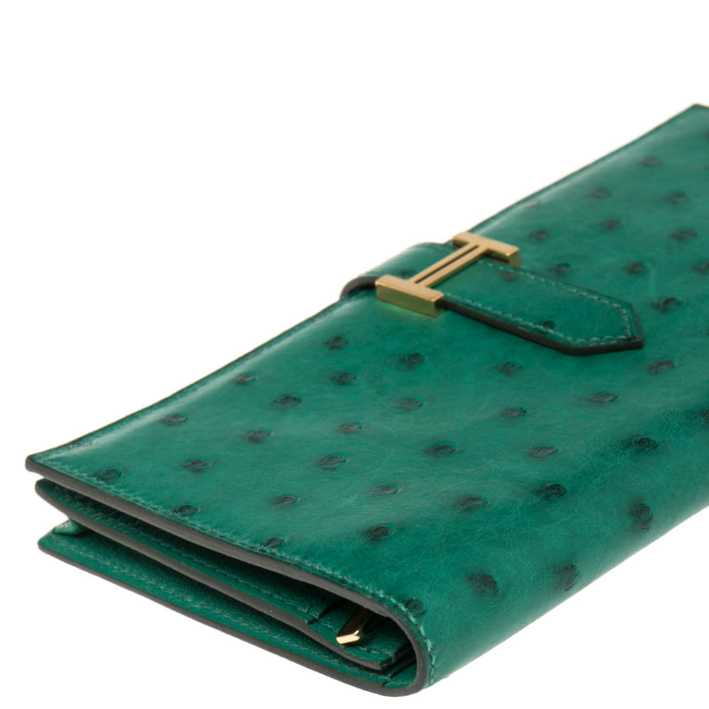 Hermes Vert Veronese Ostrich Leather Bearn Gusset Wallet - Yoogi's Closet