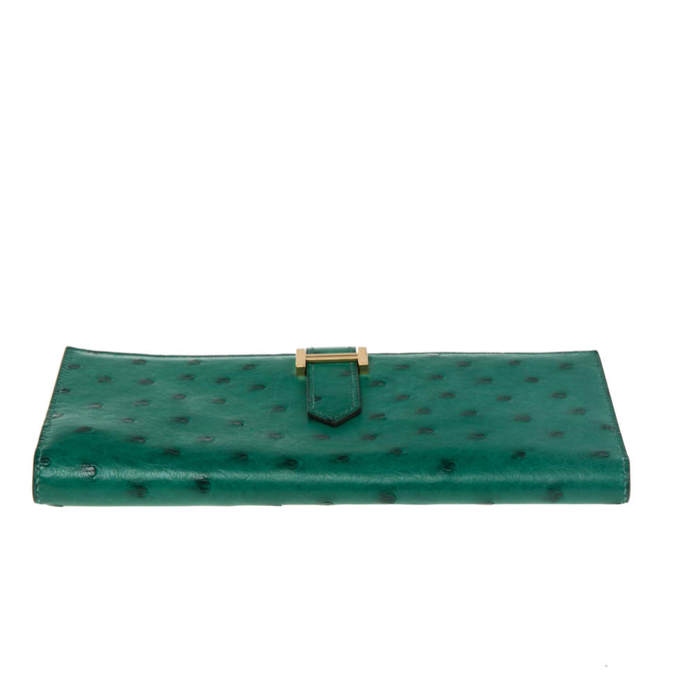 Hermes Vert Veronese Ostrich Leather Bearn Gusset Wallet - Yoogi's Closet