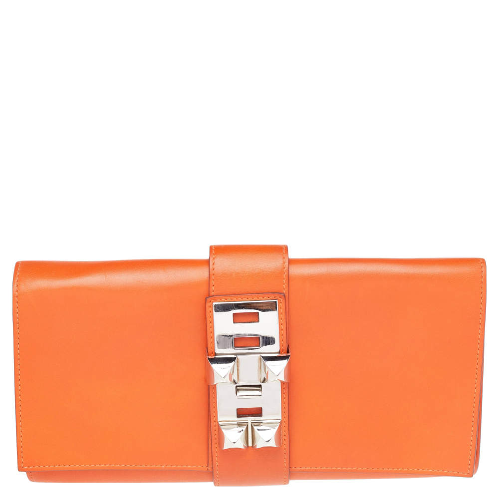Pre Owned Hermes Orange Box Leather Medor 29 Clutch