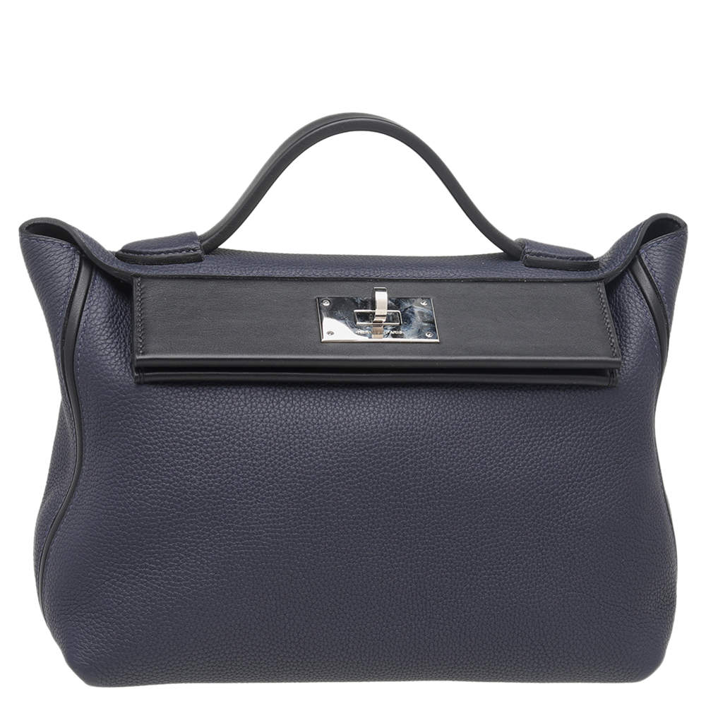 Pre Owned Hermes Bleu Nuit/Black Swift Togo Leather Palladium Plated 24/24 29 Bag