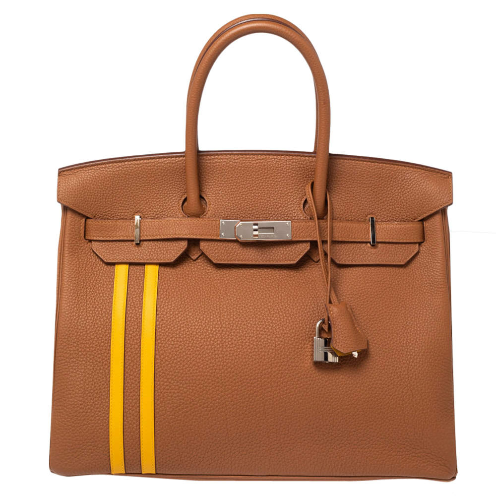 Hermès Gold/Jaune D'ambre Togo and Swift Leather Palladium Finish Officier Birkin 35 Bag