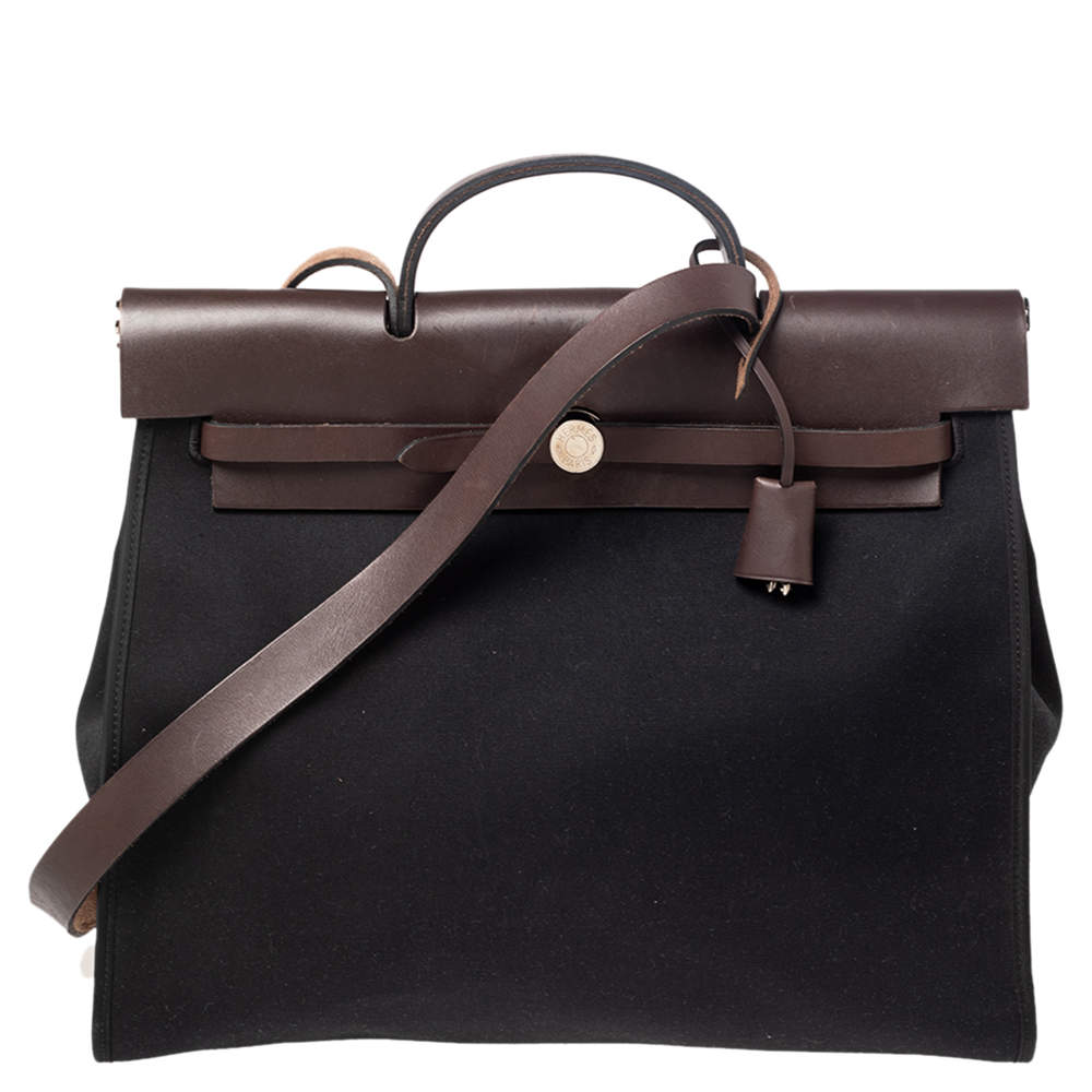 Pre Owned Hermes Black/Cacao Canvas and Leather Herbag Zip 39 Bag