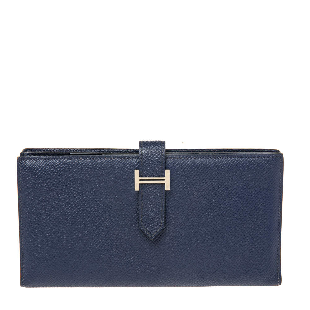 Pre Owned Hermes Navy Blue  Epsom Leather Bearn Gusset Wallet