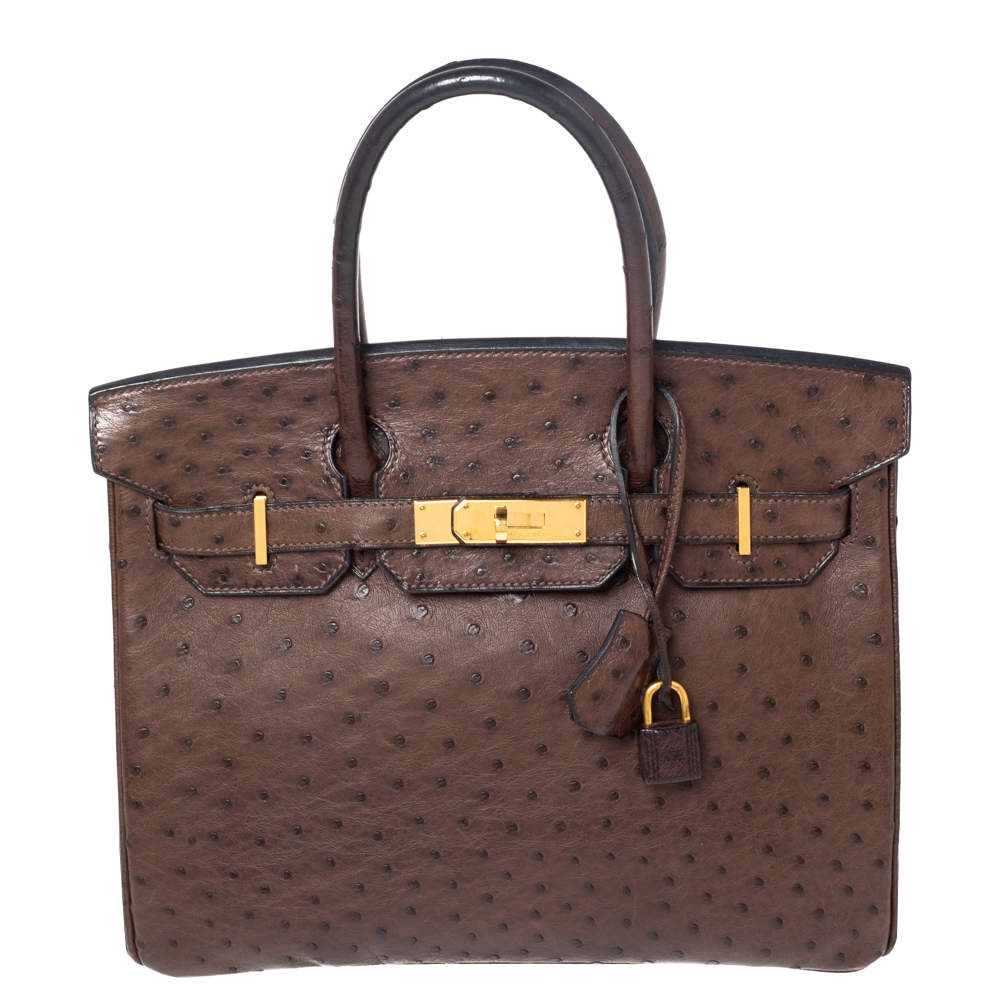 Hermes Chocolate Ostrich Gold Finish Birkin 30 Bag