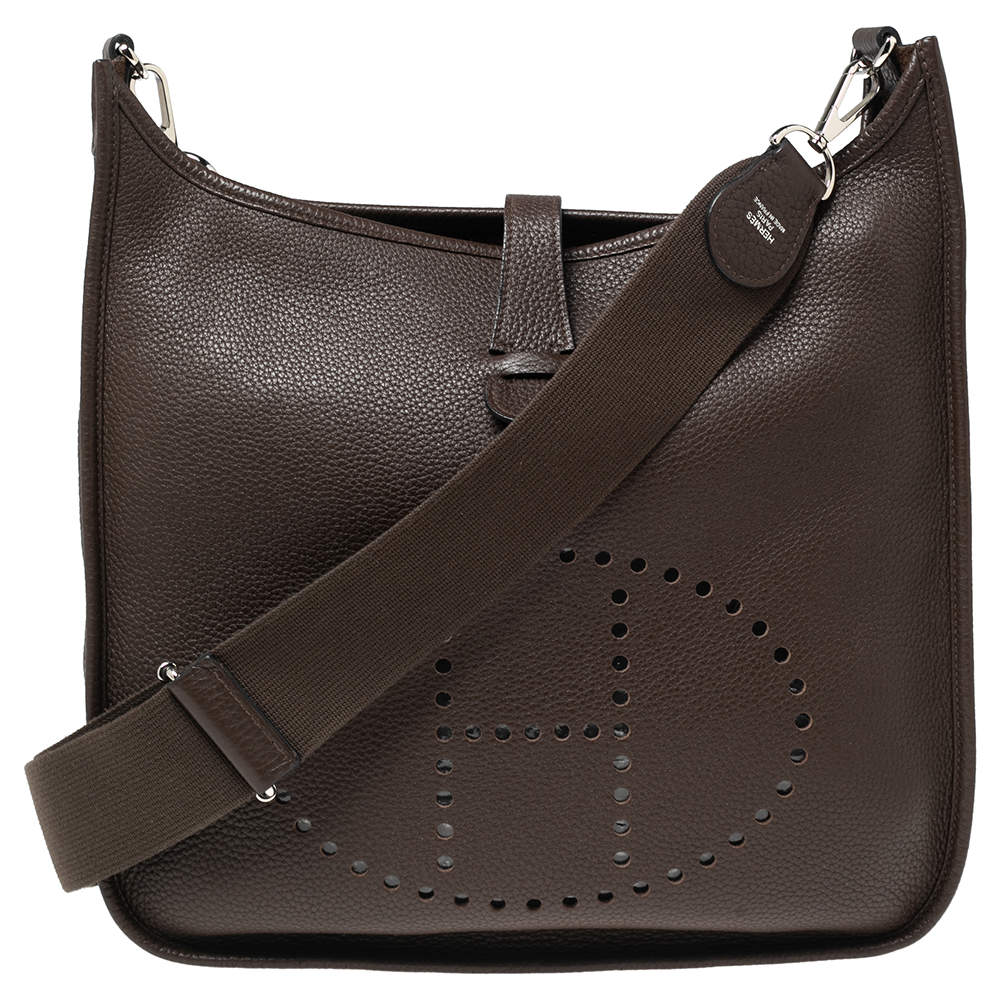Pre Owned Hermes Cacao Togo Leather Palladium Plated Evelyne III GM Bag