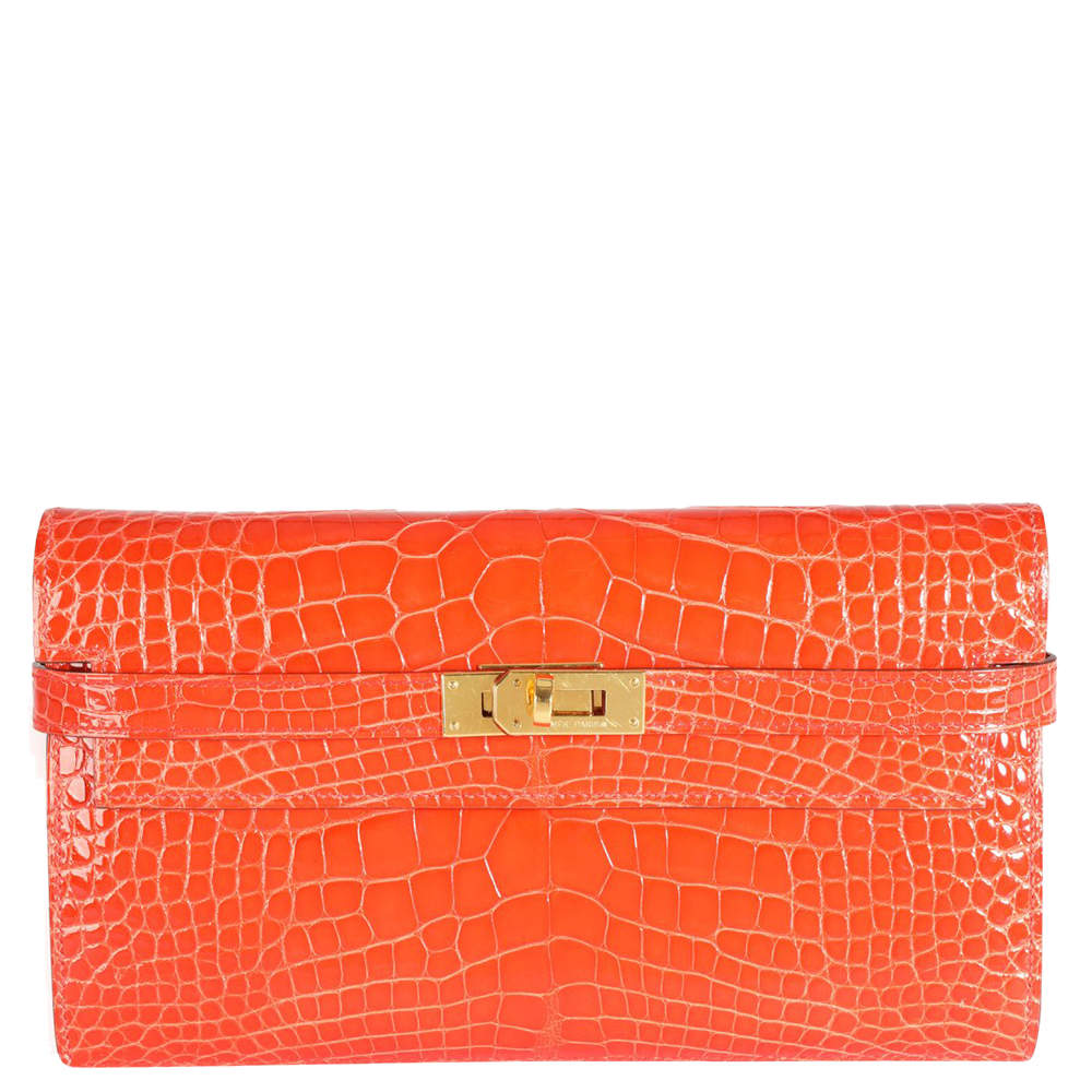 Hermes Tangerine Shiny Alligator Leather Classic Kelly Wallet