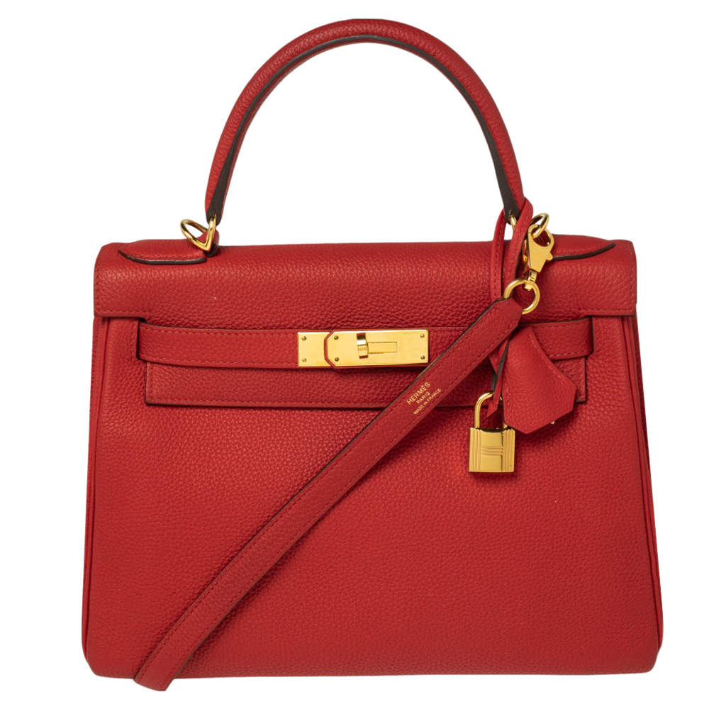 Pre Owned Hermes Rouge Piment Togo Leather Gold Plated Kelly Retourne 28 Bag