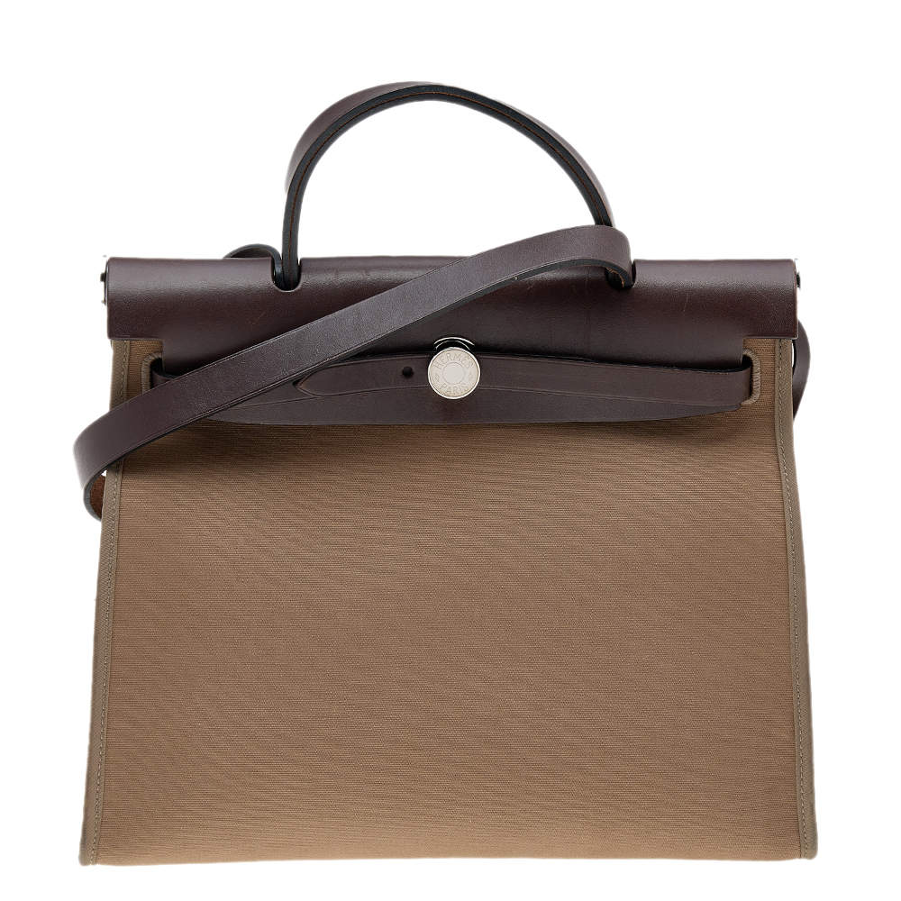 Pre Owned Hermes Etoupe/Ebene Canvas and Leather Herbag Zip 31 Bag
