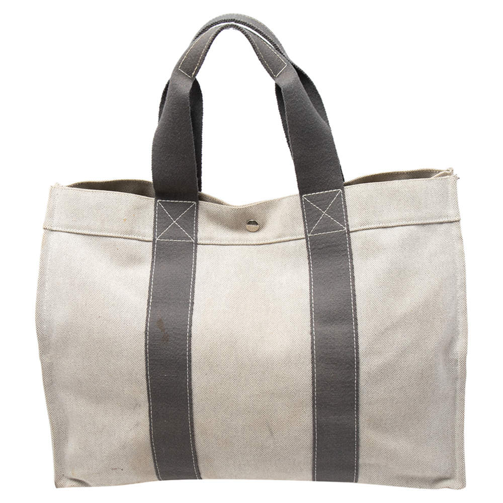 Pre Owned Hermes Off White/Grey Canvas Fourre Tout Tote