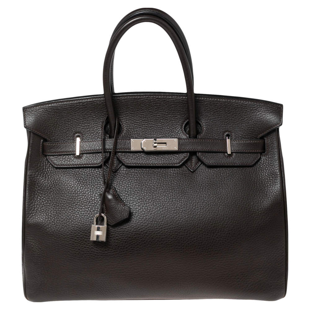 Hermes Chocolate Clemence Leather Palladium Plated Birkin 35 Bag