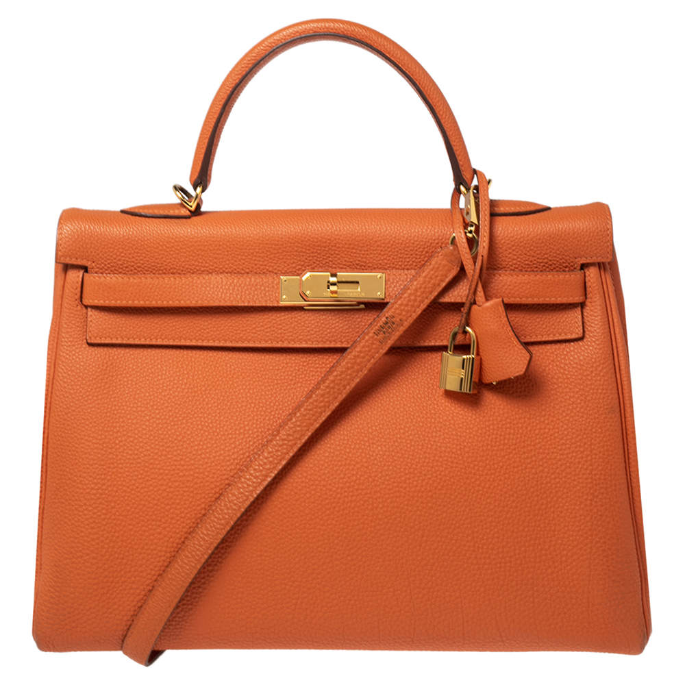 Hermes Orange Togo Leather Gold Plated Kelly Retourne 35 Bag