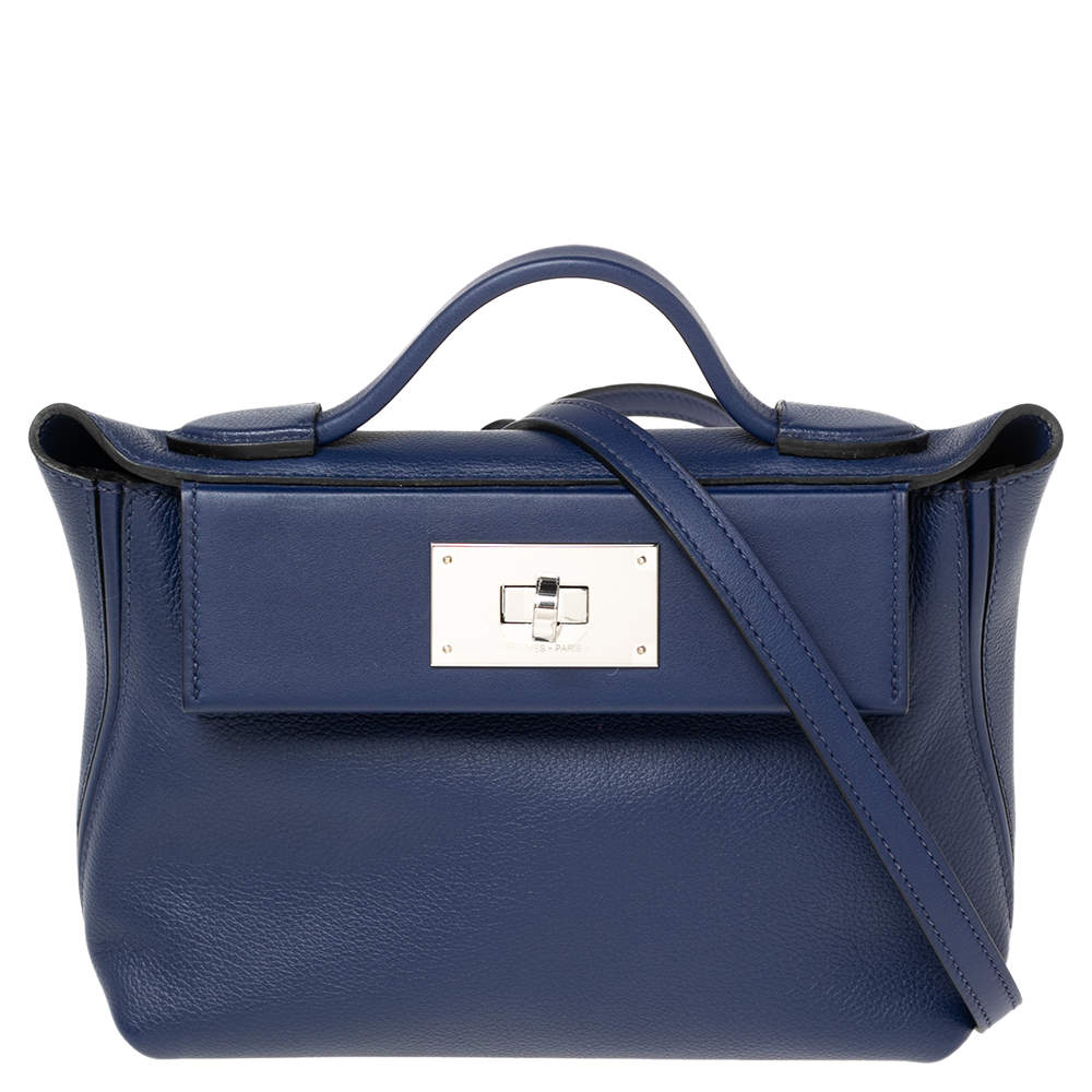 Pre Owned Hermes Bleu Encre Evercolor and Swift Leather Palladium Hardware 24/24 21 Bag