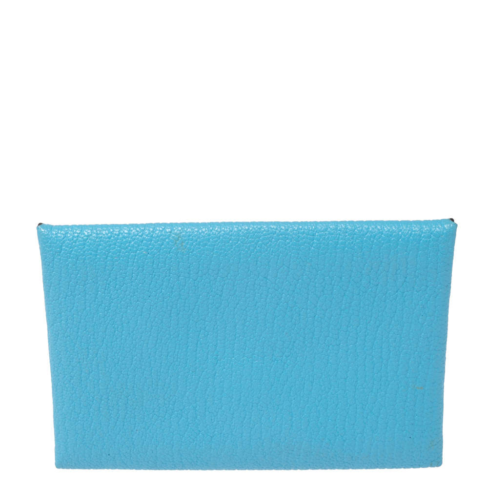 Pre Owned Hermes Celeste/Kraft Chevre Mysore Leather Calvi Verso Card Holder