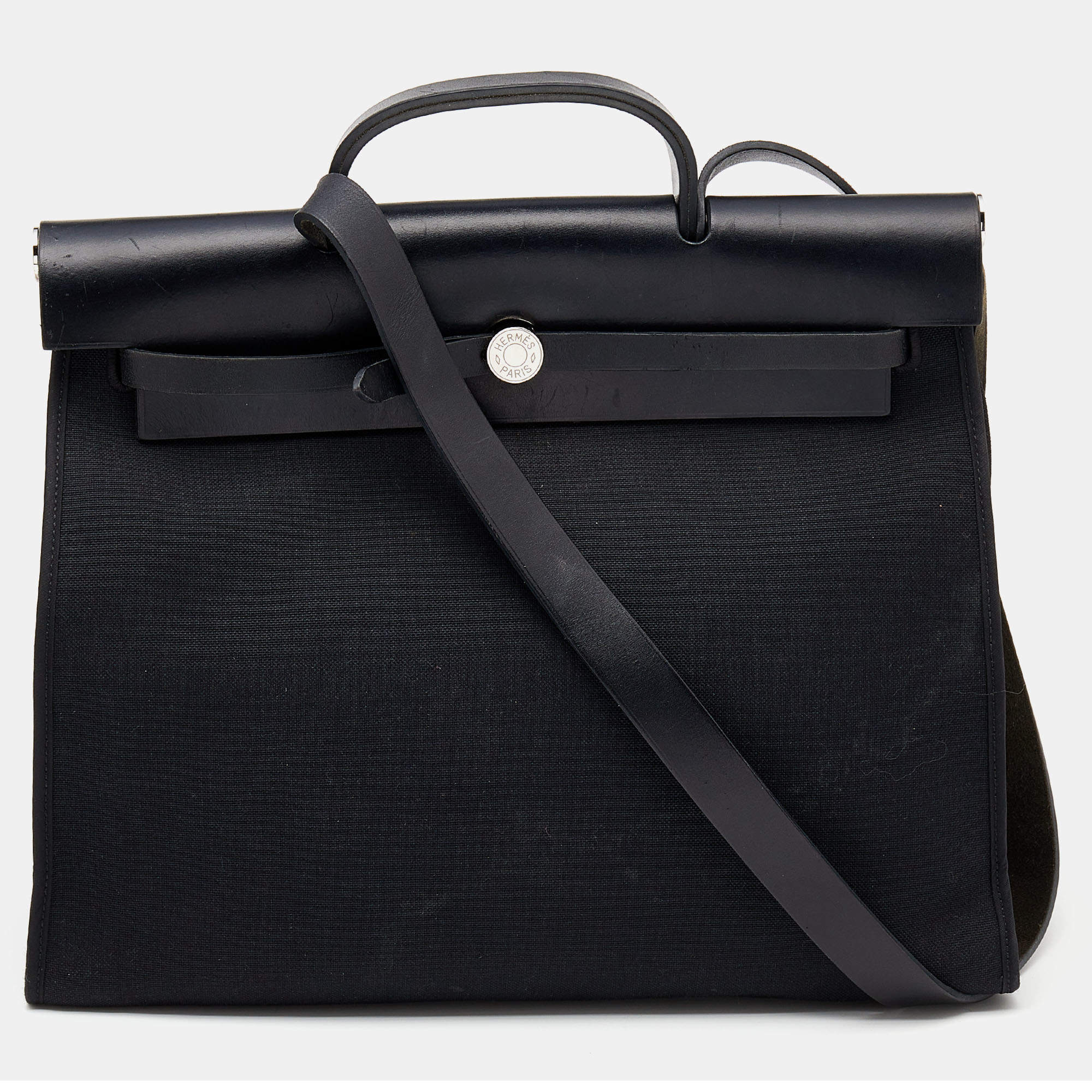 Pre Owned Hermes Noir Toil And Vache Hunter Leather Herbag Zip 39 Bag