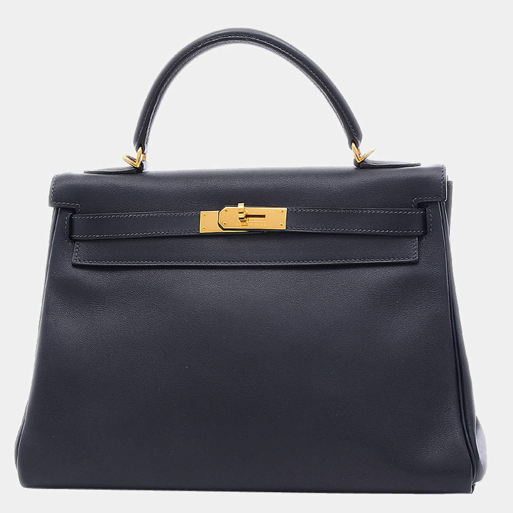 Pre Owned Hermes Kelly 32 Swift Navy â¡ H engraved handbag
