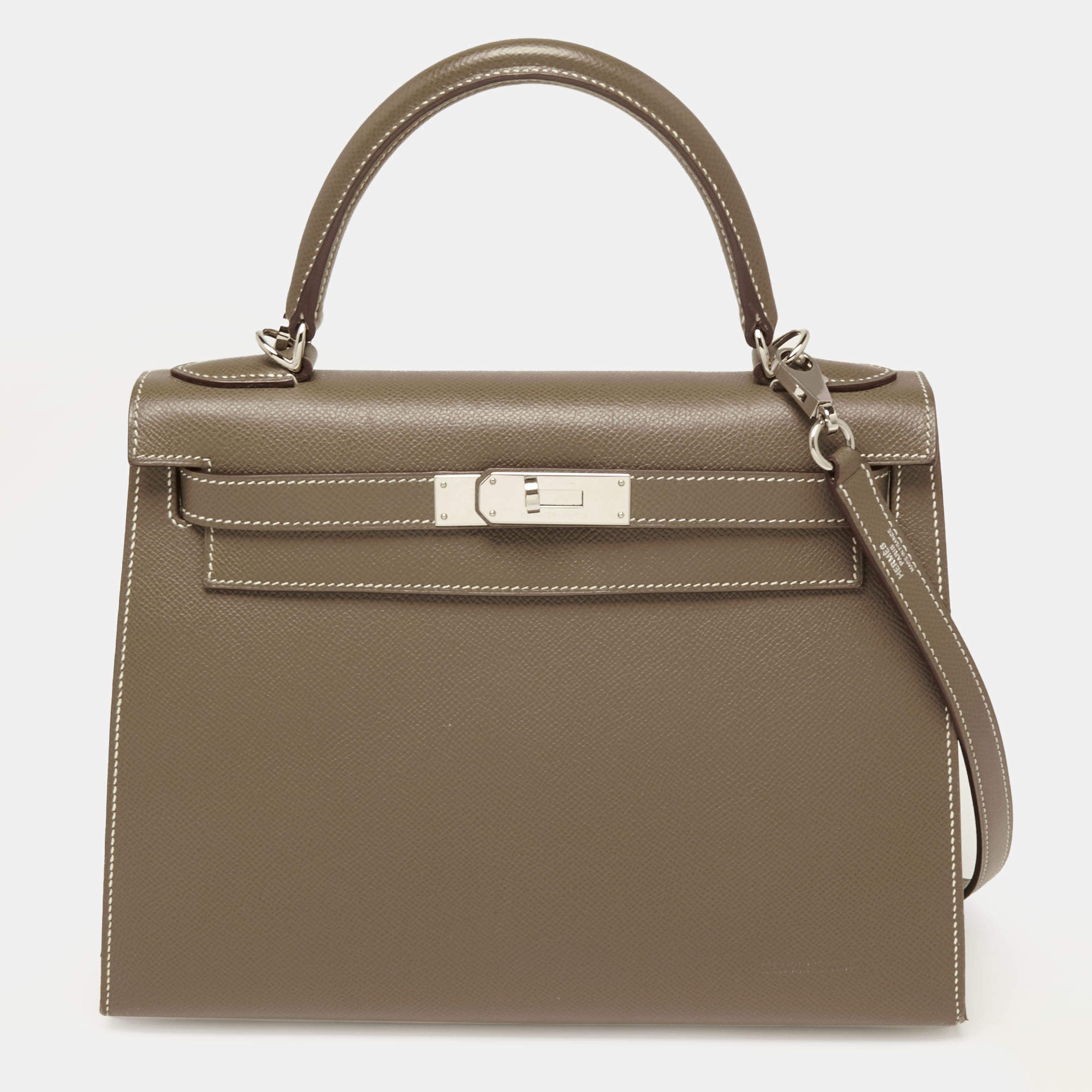 Hermes Etoupe Epsom Leather Palladium Finish Kelly Sellier 28 Bag